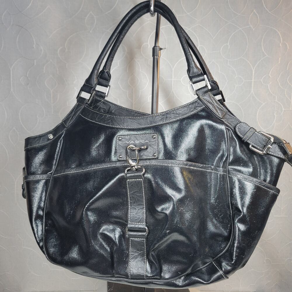 Via Spiga‎ Womens Shoulder Bag Large Black Patent Leather Pockets Lined Hobo